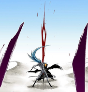 Ichigo slashes Grimmjow vertically down the chest.