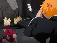 Hiyori blocks the Super Trainer that Ichigo kicks at her with Shinji's face.