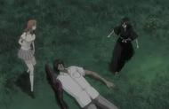 Rukia runs to Sado's side.