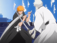 Ichigo and Zangetsu swap weapons after Zangetsu gives Ichigo another chance.