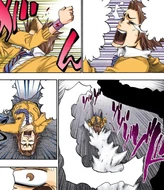 Tatsuki clotheslines a panicking Keigo to slow him down after they wake up in Karakura Town.