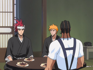 Ichigo and Renji sit down for breakfast.