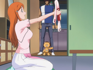 Sado, Noba, and Kon find Orihime holding up Kurōdo in his plushie body.