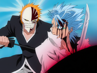 Ichigo reappears behind Grimmjow to attack him again.