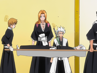 Ukitake is hospitalized by his illness, leaving only Rangiku and Hitsugaya to guard the royal procession.