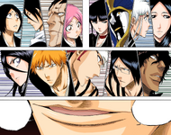 Aizen speaks directly to the intruders with Bakudō #77. Tenteikūra.