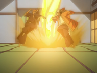 Kūkaku unleashes a powerful Hadō to end Ichigo and Ganju's fight.