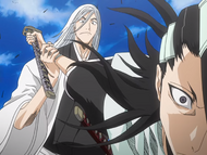 Ukitake stops Byakuya Kuchiki from attacking further.