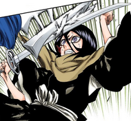 Rukia frantically blocks a strike from Nejibana.