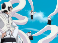 Luppi holds Yumichika, Ikkaku, and Rangiku in his tentacles.