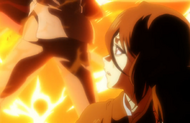 Sado protects Rukia and Karin Kurosaki from Shuren's fireball.