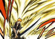 Ichigo exerts his Reiatsu in the form of a Hollow mask-like aura.