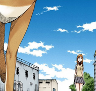 Orihime observes a cat unconsciously avoiding the Visored warehouse.