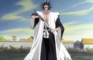 Kenpachi sheathes his sword.