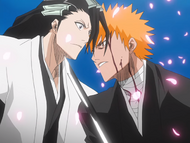 Ichigo holds the tip of his sword to Byakuya's neck.