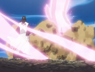 Byakuya smashes Ichigo into the ground with Senbonzakura Kageyoshi.