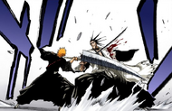 Ichigo intercepts Kenpachi's attack after slashing through the latter's left shoulder.