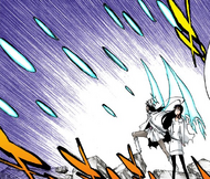 Bambietta unleashes a barrage of bombs at Mayuri Kurotsuchi.