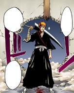 Ichigo emerges from the hole in the wall with a head wound.