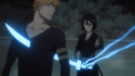 Rukia stabs Ichigo with Urahara's special sword.