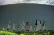 Unohana and the other captains gather outside the Seireitei.