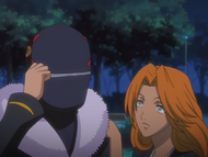 Noba shyly zips his hood after Rangiku thanks him.