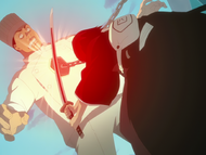 Hanatarō slashes the base of Heita's Chain of Fate.