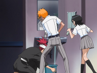 Ichigo and Rukia are startled when Renji brings a bucket to catch the water.