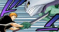 Ichigo stabs the Demi-Hollow through the shoulder.