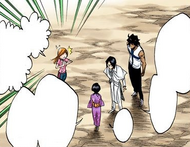 Orihime and her friends bid Rukia farewell.