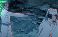 Robert holds his Reishi Pistol to Byakuya's head.