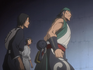 Hanatarō and Ganju are stunned by Byakuya Kuchiki's Reiatsu.