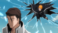 Ichigo arrives behind Aizen in the fake Karakura Town.