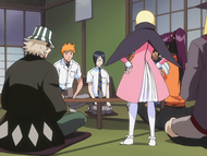 Yoruichi watches as Ririn instructs Ichigo to not cause any trouble for her.