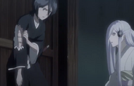 Rukia attempts to stand up as Sode no Shirayuki expresses concern.