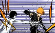 Ichigo narrowly blocks Ulquiorra's attack from behind.