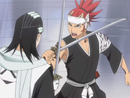 Renji blocks Byakuya's attempt to use Senka.