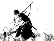 Hisagi being impaled by a Hollowfied Tōsen.