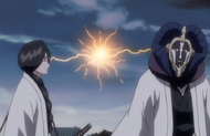 Sparks fly between Unohana and Mayuri.