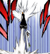 Nnoitra punts Ichigo into the air with a strong upward kick while holding onto Nel.