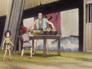 Renji steals water from the old man's table.