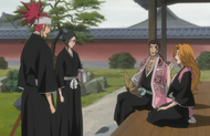 Shunsui, Rangiku, and Renji laugh at Nanao.