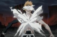 A gray substance bursts from Ichigo's mouth and abdomen.