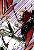 Aizen slashes deeply through Ichigo's midsection.