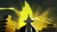 An explosion from Aizen using Hadō #63. Raikōhō occurs behind Gin.