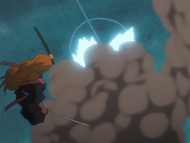 Rangiku has her vision obscured by Sado's attack.