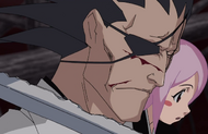 Yachiru sits on Kenpachi Zaraki's shoulder as he is attacked by Mue.