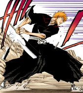 Ichigo maintains his stance despite having his sword shattered.