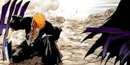 A wounded Ichigo kneels before Zangetsu.