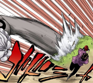 Bulbous G punches the ground where Sado and Karin were standing.